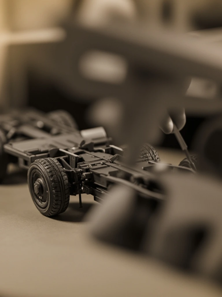 A craftsman hand-fits photo-etched brass components onto a scale model chassis